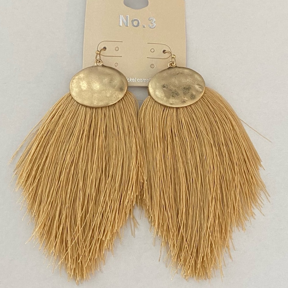 BOHEMIAN THREAD TASSEL HOOK DROP EARRINGS - TAN - Picture 1 of 1